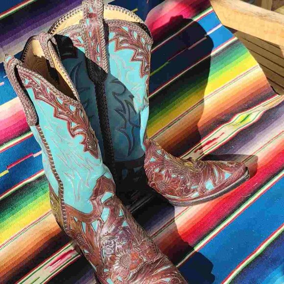 Back At The Ranch Brown and Turquoise inlay Womens Boots Size 9B Made by Liberty - Picture 1 of 8